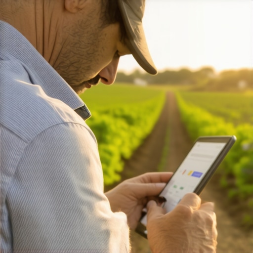Farm Owner Optimizing GMB Profile Farm owner updating Google My Business profile on a tablet in a Central Valley farm