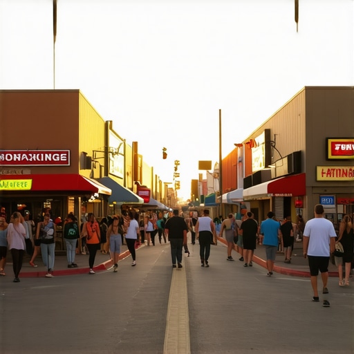 A busy Bakersfield street with various local shops and customers