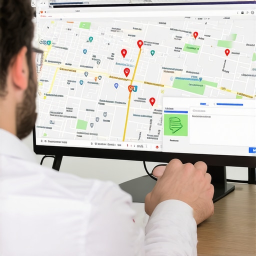 Analyzing Local SEO Data in Bakersfield Digital marketer reviewing Google Maps insights with Bakersfield landmarks in background