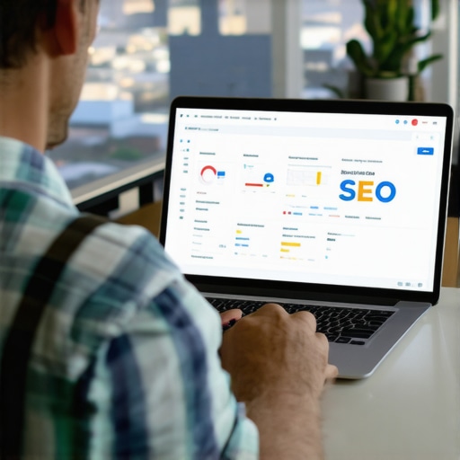 A person reviewing SEO analytics on a laptop with Bakersfield city skyline in background.