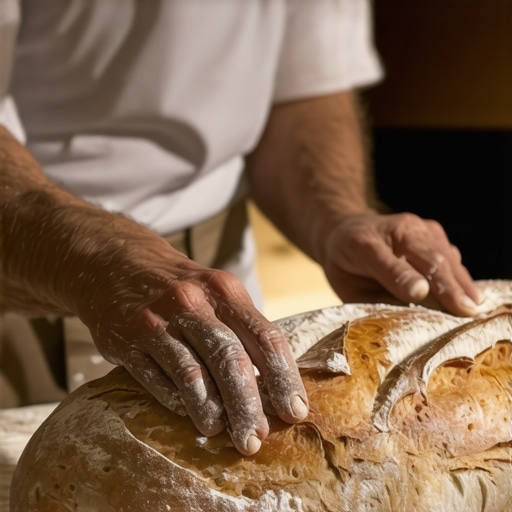 Close-up of a baker's hands preparing freshly baked bread in a bakery