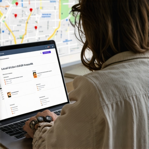 A person analyzing Bakersfield local SEO metrics with a laptop and city map