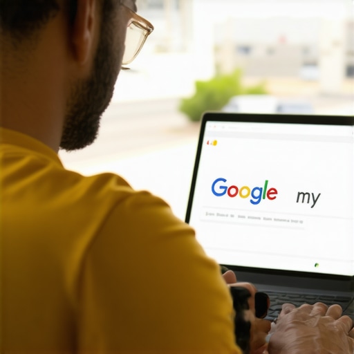 Business owner working on Google My Business profile with Bakersfield cityscape