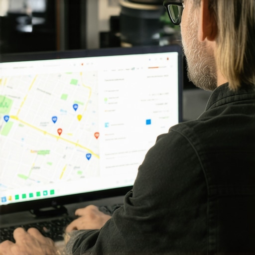 Business owner updating Google My Business profile on a computer with Bakersfield map in background.