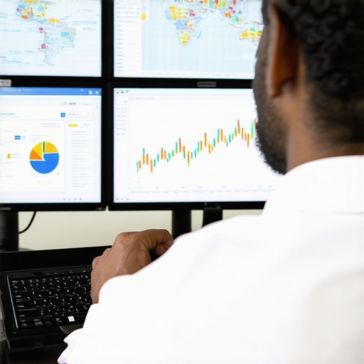 SEO Analytics in Action A professional analyzing Bakersfield local SEO performance metrics on computer screens