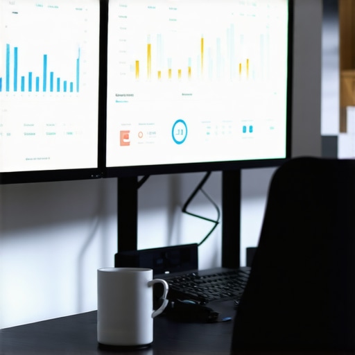 Computer screens displaying local SEO dashboards and analytics in an office setting.