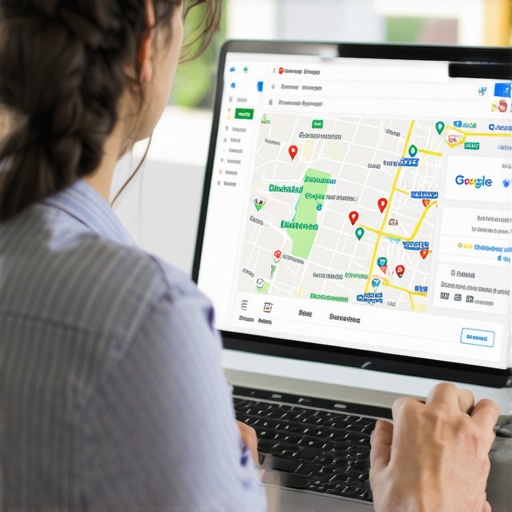Analyzing Google Maps SEO Data in Bakersfield Digital marketer reviewing local SEO and map rankings on a laptop with Bakersfield city map in background.