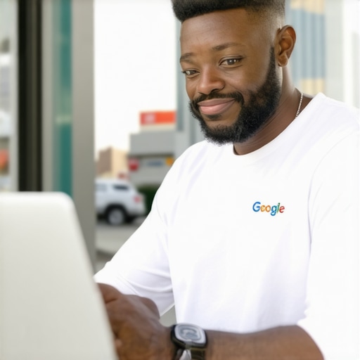 Business owner updating Google My Business profile outdoors in Bakersfield with cityscape