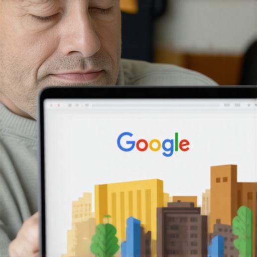 Business owner optimizing Google My Business profile with Bakersfield landmarks in background.