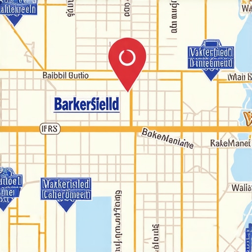 Bakersfield Local Map SEO Strategies Illustration of a map highlighting Bakersfield and nearby areas with markers representing local SEO efforts.