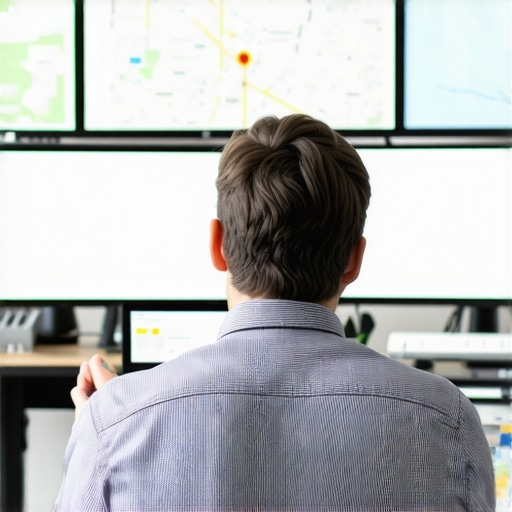 Expert analyzing local SEO metrics on computer screens with Bakersfield map on background