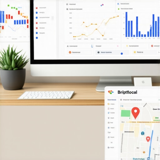 Screens displaying SEO analytics tools and local map rankings, highlighting Bakersfield SEO management.