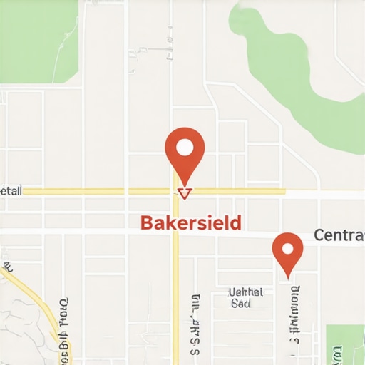Map highlighting Bakersfield and Central Valley with SEO icons.