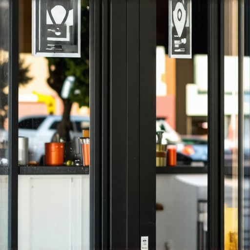 A bakery storefront in Bakersfield with digital icons representing local SEO and Google Maps