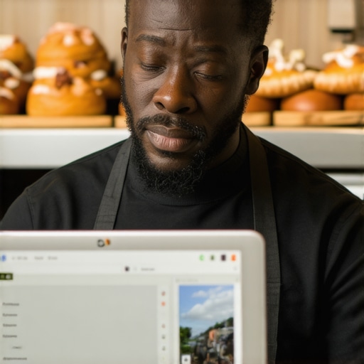 Optimizing GMB Profile at Bakersfield Bakery Business owner editing Google My Business profile on a laptop with bakery in the background.