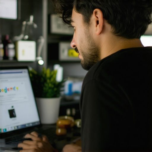 Business owner working on Google My Business profile at storefront in Bakersfield