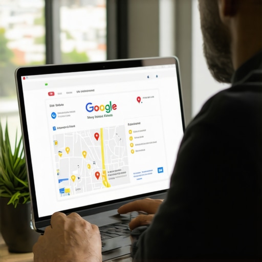 Optimizing Your GMB Profile in Bakersfield Business owner updating Google My Business profile on a laptop with Bakersfield city background.