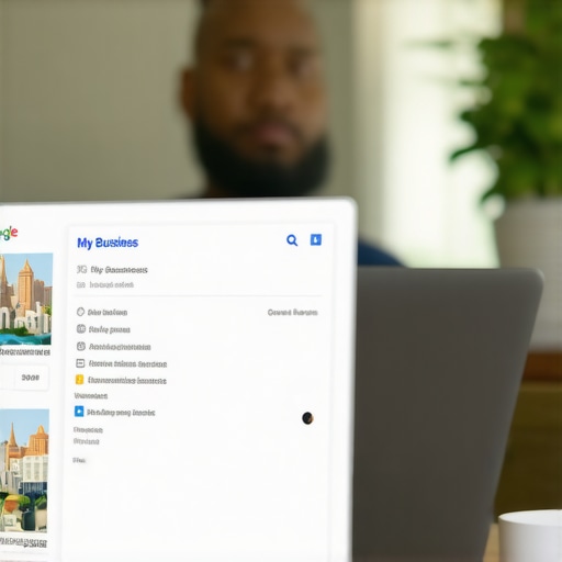 Optimizing Your GMB Profile in Bakersfield Business owner editing Google My Business profile on laptop with Bakersfield landmarks in background