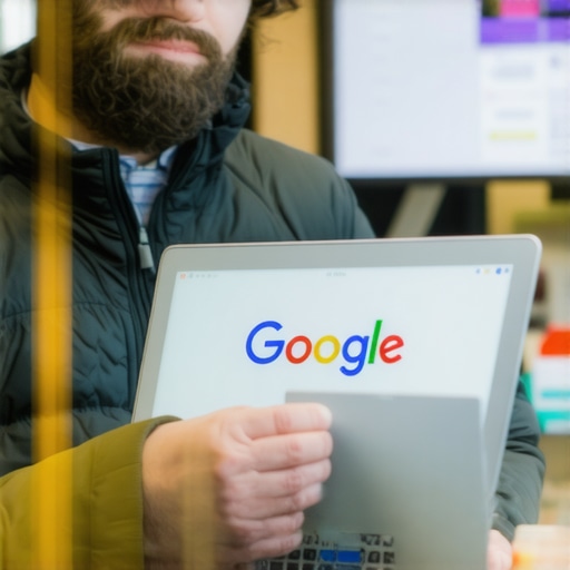 Business owner updating GMB profile on a laptop at a Bakersfield storefront.