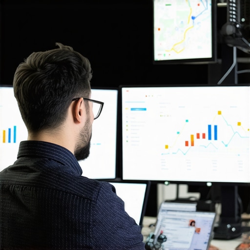 A person analyzing local SEO metrics on multiple screens, focusing on Bakersfield maps and analytics.