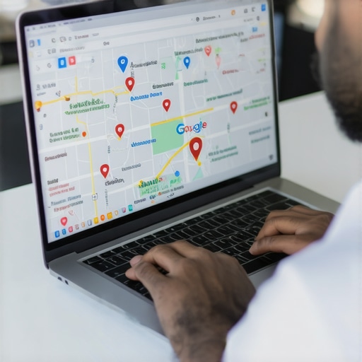 SEO specialist reviewing local map rankings on a laptop creating Bakersfield SEO strategy.