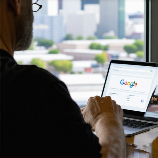 Business owner updating Google My Business profile with Bakersfield city background.