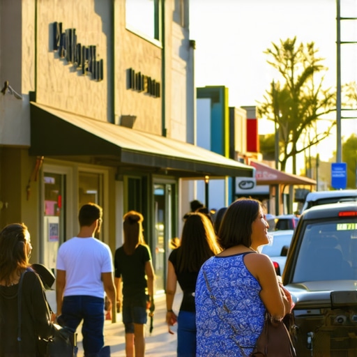 Vibrant Bakersfield street with shops and pedestrians, representing active local commerce.