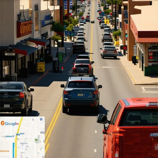 A busy Bakersfield street with local shops and digital map interface