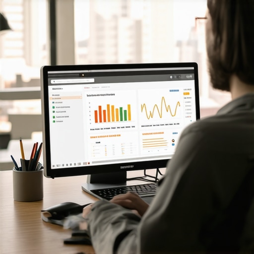 Person working on local SEO tools with Bakersfield city view in background.