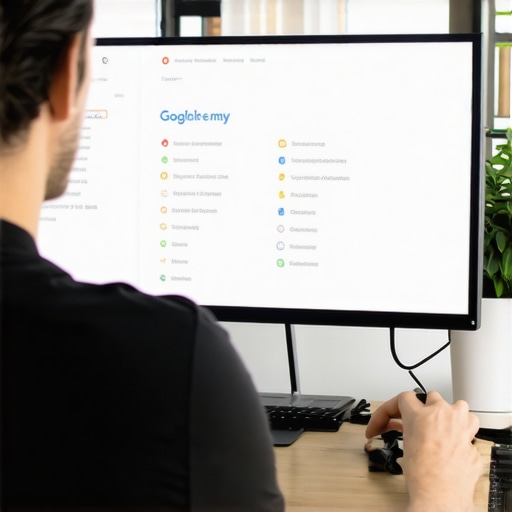 Digital marketer working on Google My Business profile on a laptop in an office.