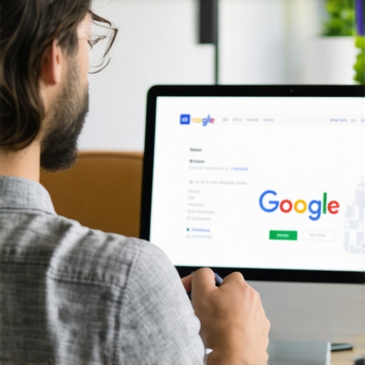 Business owner updating Google My Business profile on laptop with Bakersfield landmarks behind.