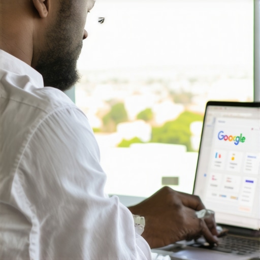 Business owner improving Google My Business profile on a laptop with Bakersfield cityscape in background.