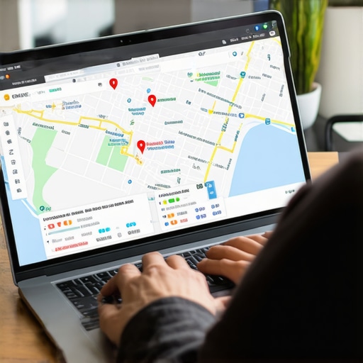 Person reviewing local SEO data with Bakersfield city map in the background.