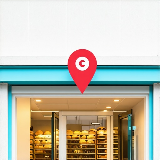 Bakery shop in Bakersfield with Google Maps icon overlay showing local SEO focus.
