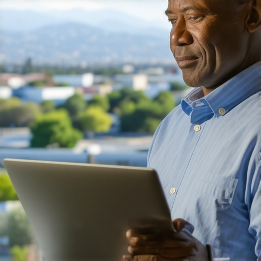 Business owner updating Google My Business listing with Bakersfield cityscape