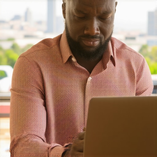 Business owner updating Google My Business profile on laptop with Bakersfield cityscape