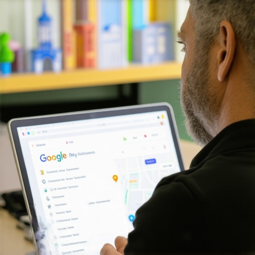 Business owner editing GMB profile on a laptop with Bakersfield landmarks in view.