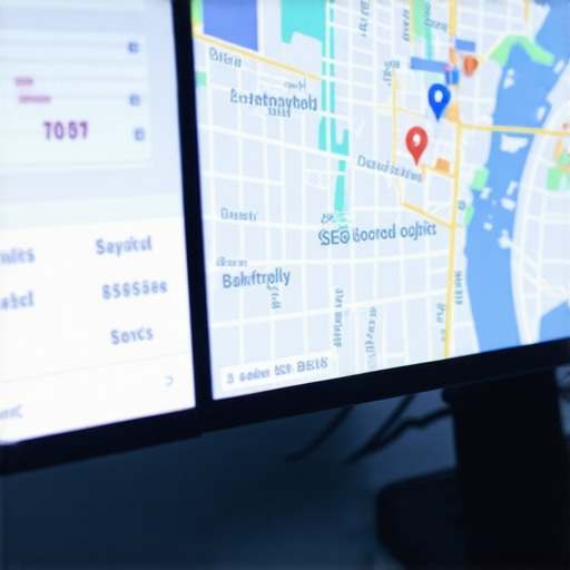 A computer screen showing SEO performance metrics and Bakersfield map, illustrating ongoing SEO maintenance.