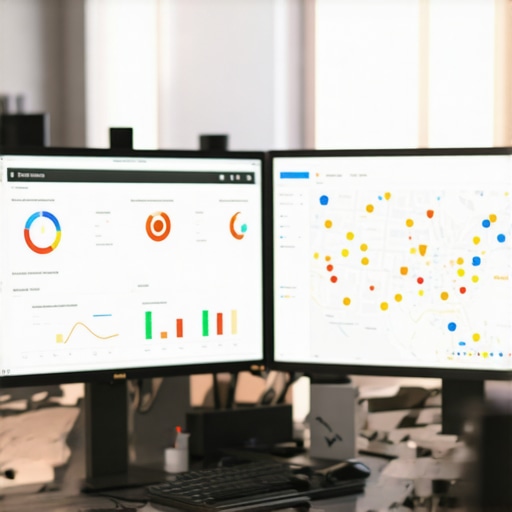 A digital marketing professional reviewing analytics on two screens with Bakersfield map in the background.