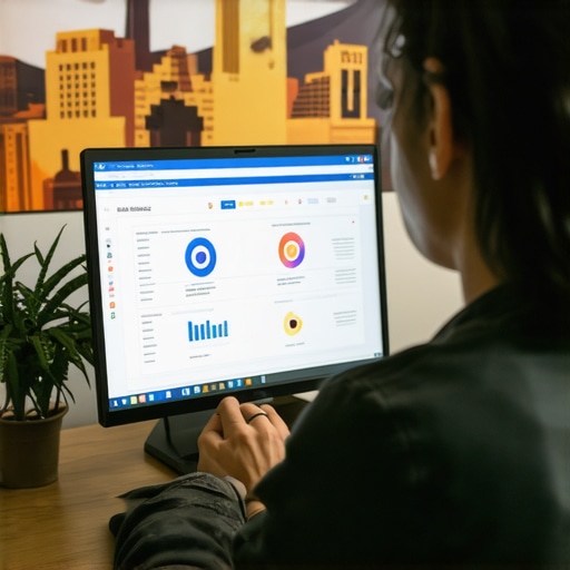 Person reviewing local SEO analytics on a laptop with Bakersfield landmarks in the background.