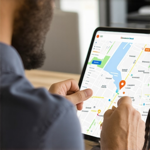 Business owner optimizing local map profile on tablet with Bakersfield city map