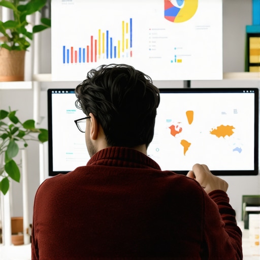 An office desk with computer screens displaying Google Maps and SEO analytics.